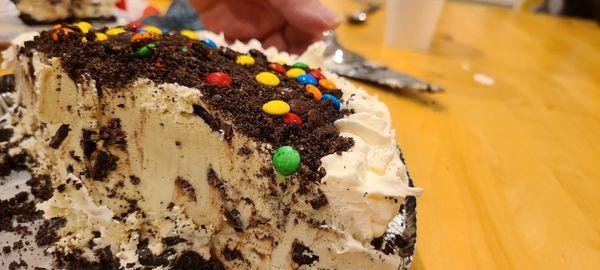 Create your own pie! Oreo crust, mint chocolate chip ice cream,  topped with oreos,  m&ms, and whipped cream.  So good!