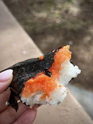 Spicy cod roe onigiri rice ball. Perfect for hiking picnics.