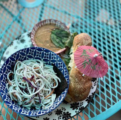 A weekend special: Banh Mi, sesame ginger noodles and gazpacho. Just perfect on a 100 degree evening.