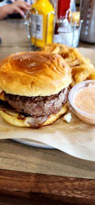 Blue Ribbon Burger and onion rings.