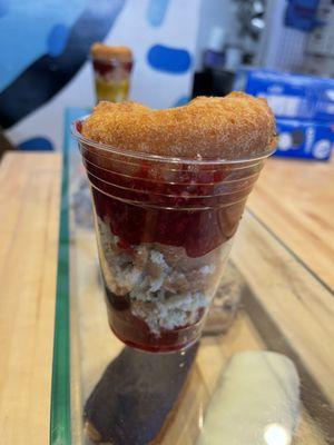 Vegan donut cup layered with cake donuts, raspberry and lemon jelly. Good but way too much for me to handle alone! lol