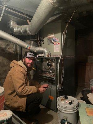 Our technician Josh diagnosing an issue with a furnace.  We had it back up and running within 2 hours of the customer's phone call.