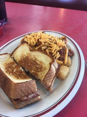 Chili Cheese Tots Yes Please!  Sausage Sandwich minus onions.