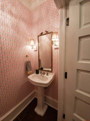 Quaint guest bathroom wallpaper install