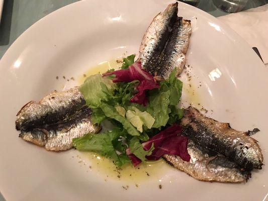 Grilled sardines appetizer.  Used to be 6 uncleaned fish, now just only three   , but delicious