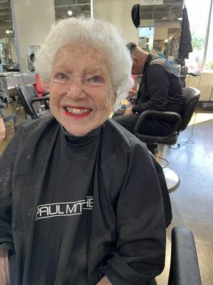 Auntie after haircut and roller hairstyle.