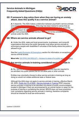 A screenshot of the Michigan state law protecting the right of disabled people to bring service dogs into any public establishment.