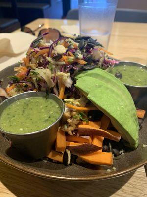 Harvest bowl with double green sauce.