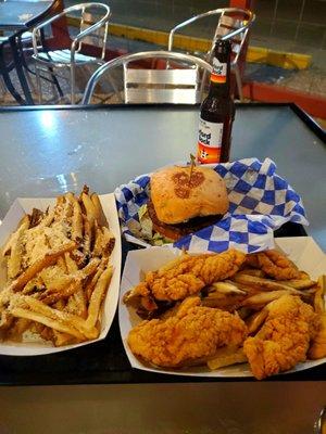 Goat cheese burger, chicken tenders and Parmesan Truffle Fries