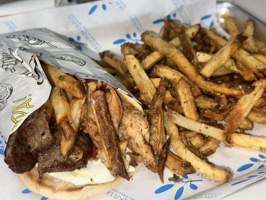 Hercules pita combo (chicken,lamb and fries in pita) with lemon oregano fries