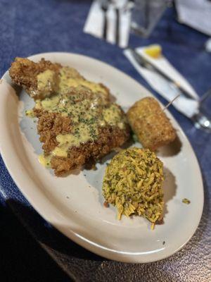 Pecan Crusted Chicken, dirty rice and Cajun fried corn