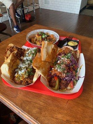 Kielbasa with toppings (left),Hot Italian with toppings (right)