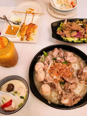 Thai Ice Tea, Chicken Satay, Larb Salad, Pork Noodle Soup, Tom Kha