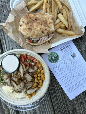 Chicken Shawarma Bowl and Beef Kabob Sandwich