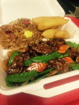 S(13)Beef with Pea Pods, Fried Rice and Chicken fingers