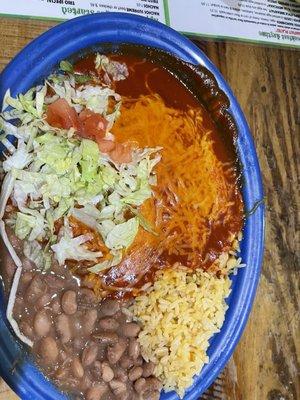 Red chile chicken enchiladas with rice & whole beans.