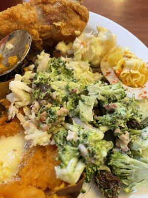 Great steak, broccoli salad, baked sweet potato