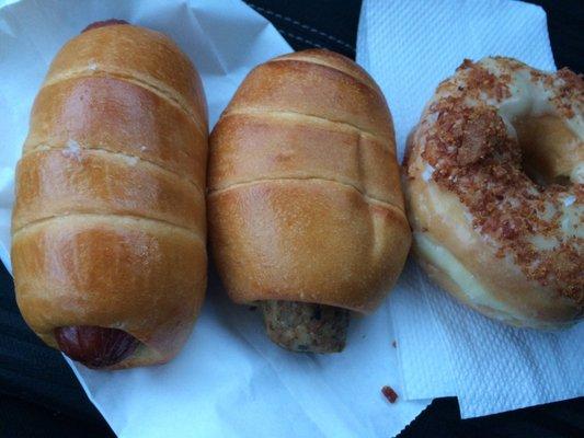 Sausage kolache, boudin kolache, and a maple bacon donut. Good stuff.