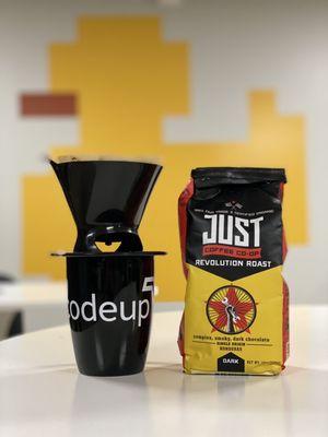 Stop drinking gross office coffee! Brew up a revolution and bring your bag of Revolution Roast with you to the office! www.justcoffee.coop