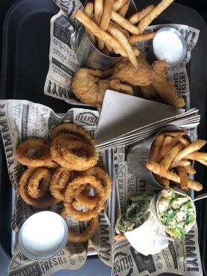 Onion Rings, Chicken Strip Combo, Chicken Caesar Wrap w/ Fries