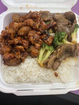 Kung Pao Chicken, Beef and Broccoli, and steamed rice