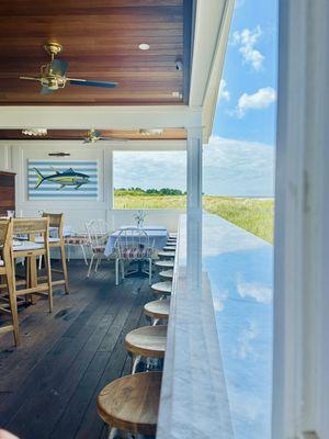 Dining area with focus on the stool seating that faces the water.