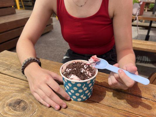 1 scoop cherry chocolate chip & 1 scoop Zanzibar chocolate w/ marshmallow sauce and chocolate sprinkles