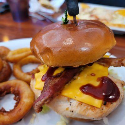 Western burger  with chicken, onion rings