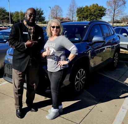 My latest purchase from Vandergriff Toyota. Me, my new Toyota Corolla Cross Hybrid, and my incredible sales manager, Glenn Byrd!