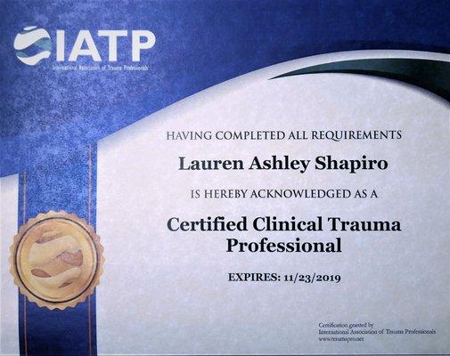 Lauren Ashley Shapiro, PsyD is a Certified Clinical Trauma Professional with the International Association of Trauma Professionals