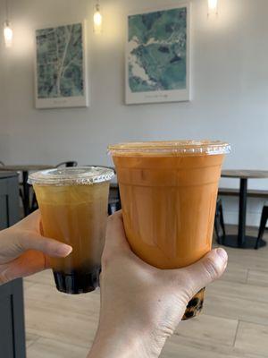 (left) jasmine tea with herb jelly; (right) thai tea with boba