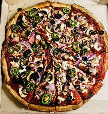 Create Your Own: ham, black olives, mushrooms, onions and jalapeños