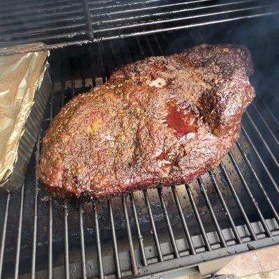 Brisket, halfway through the cook.