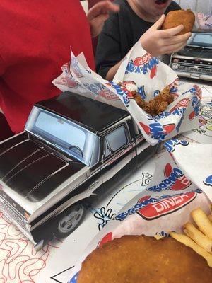 Kids Chicken chunk meal comes in a cute 50's Ford Truck box!