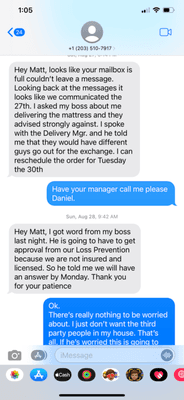 Text from manager stating they arent licensed or insured to deliver furniture