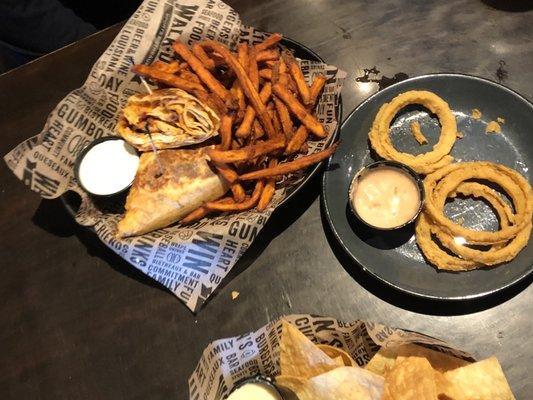 Grilled Shrimp Wrap Onion Rings Sweet Potato Fries