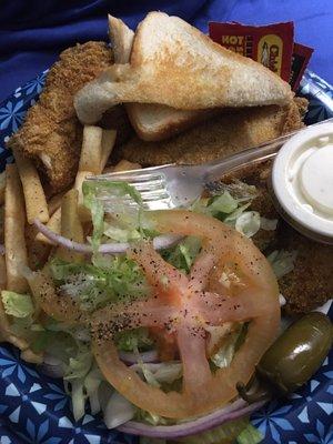 Bone in fish, fries, salad, toast, homemade tarter & jalapeño