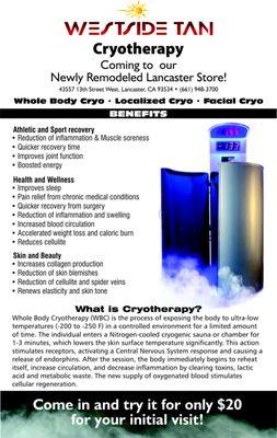 Now offering Cryotherapy  Whole body, Localized, Facials