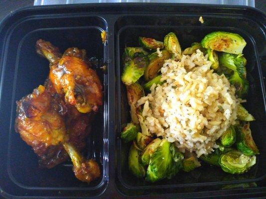 Meal Prep Orange Chicken with Sage Rice and Roasted Brussels Sprouts