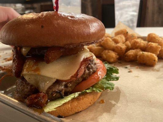 The new bourbon burger and tatertots! Delicious!