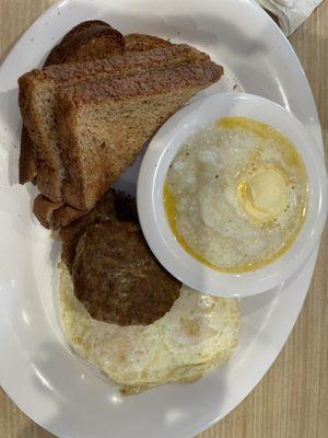 Pick 2- turkey sausage, over medium eggs, grits and wheat bread. Looks large but it was small.