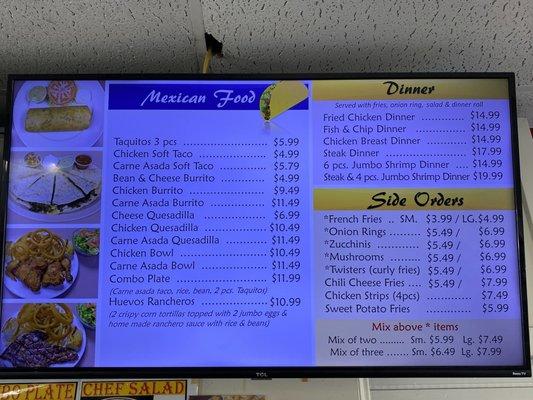 Mexican food and other dinner plates and side order menu