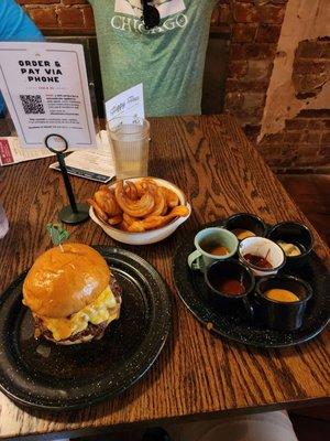 The Ok Burger, Curlyish Fries, and sauces. Beefonaise, Kansas City, Georgia Gold, Tomato Relish, Sweet Chili Mayo, and Trademark Sauce.