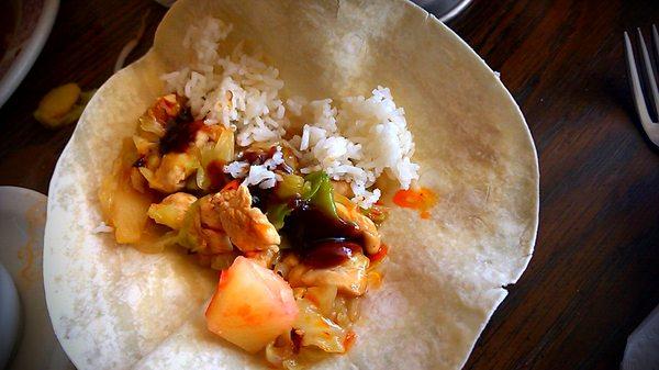 Mooshu word means Pancake,, you fill with Chicken Cabbage little rice  sauce, to roll eat Chinese Burrito