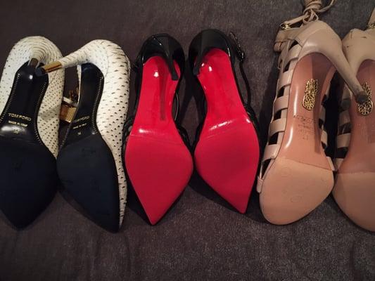 Close up left to right: Black rubber sole for my Python Tom Fords, Red rubber sole for my Louboutins & a nude rubber sole for my Aquazzuras