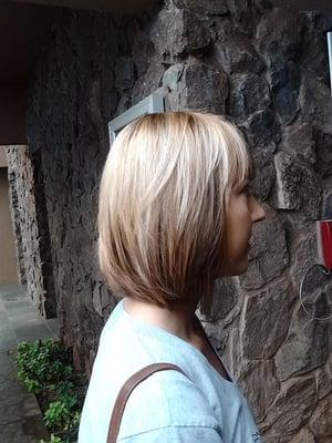 Blonde, amber, and chocolate A-line bob with layers done by Janet