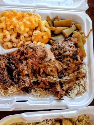 Jerk Chicken, Rice and Peas, Mac& Cheese, Italian Green Beans