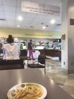 Cafeteria is pretty small and they have a small selection of food that looks and tastes plain