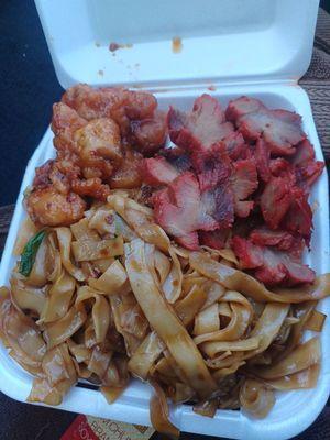 This is the pan thia noodles with orange chicken and BBQ pork.