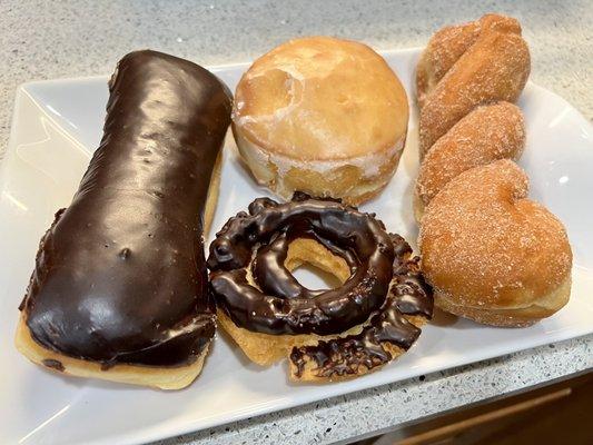 The donuts! Chocolate bar, Old Fashioned  Chocolate Iced, Filled Donut  Raspberry W/ Glaze, Sugar twist